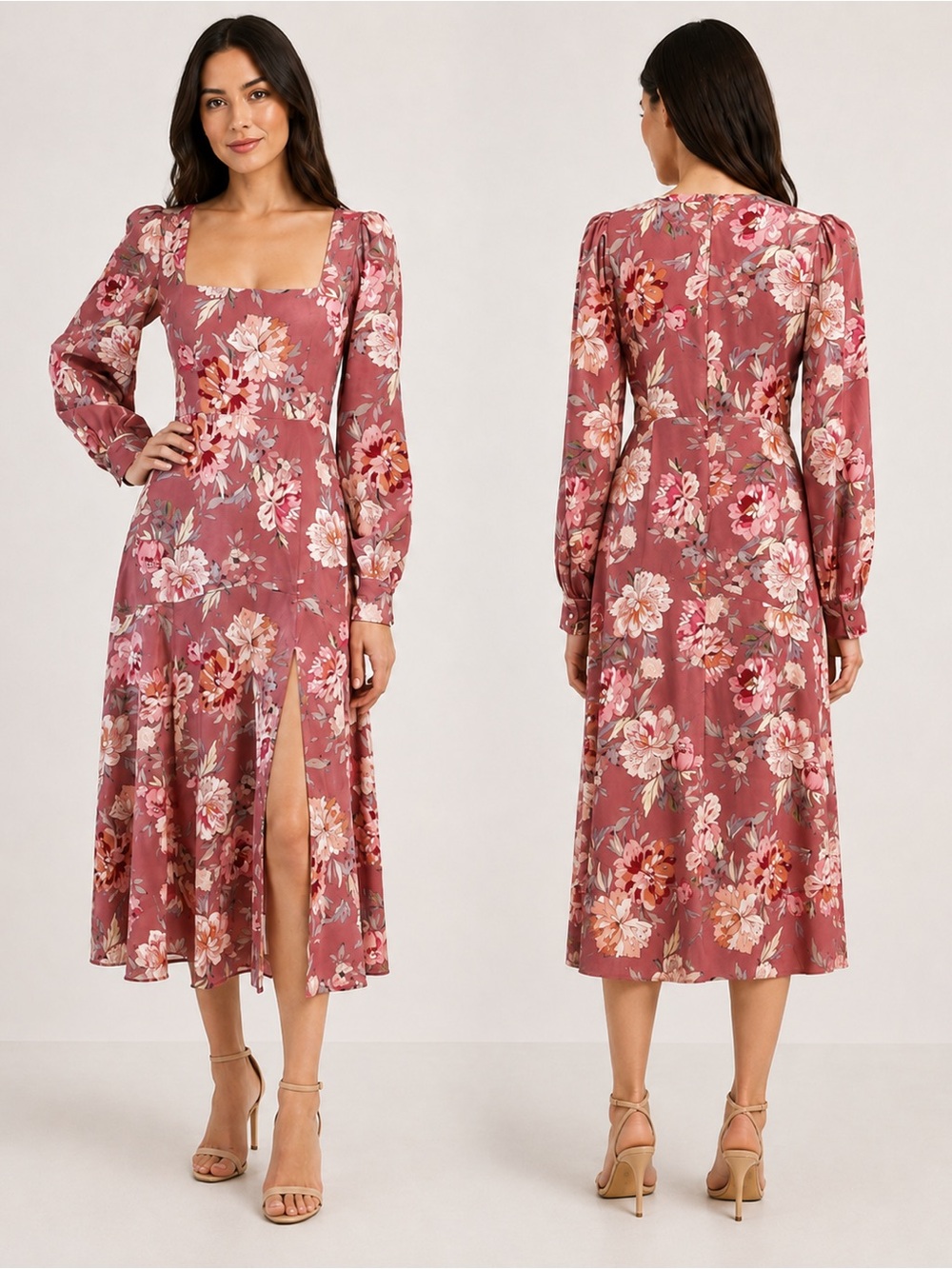 Yumi Kim Marlo Floral Maxi Dress Square Neck Long Sleeve Slit Size S